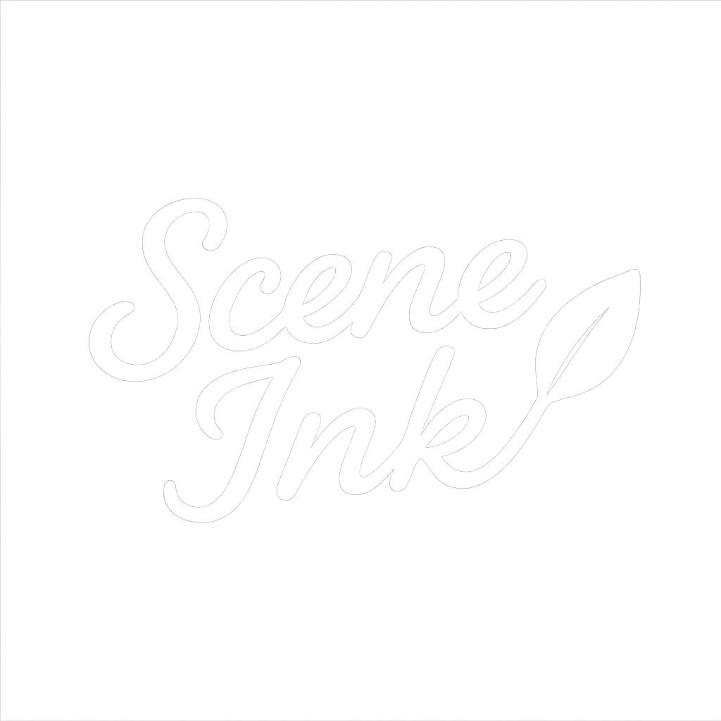 Logo with the words 'Scene Ink' in white cursive font and a small leaf accent on the 'k' against a black background.