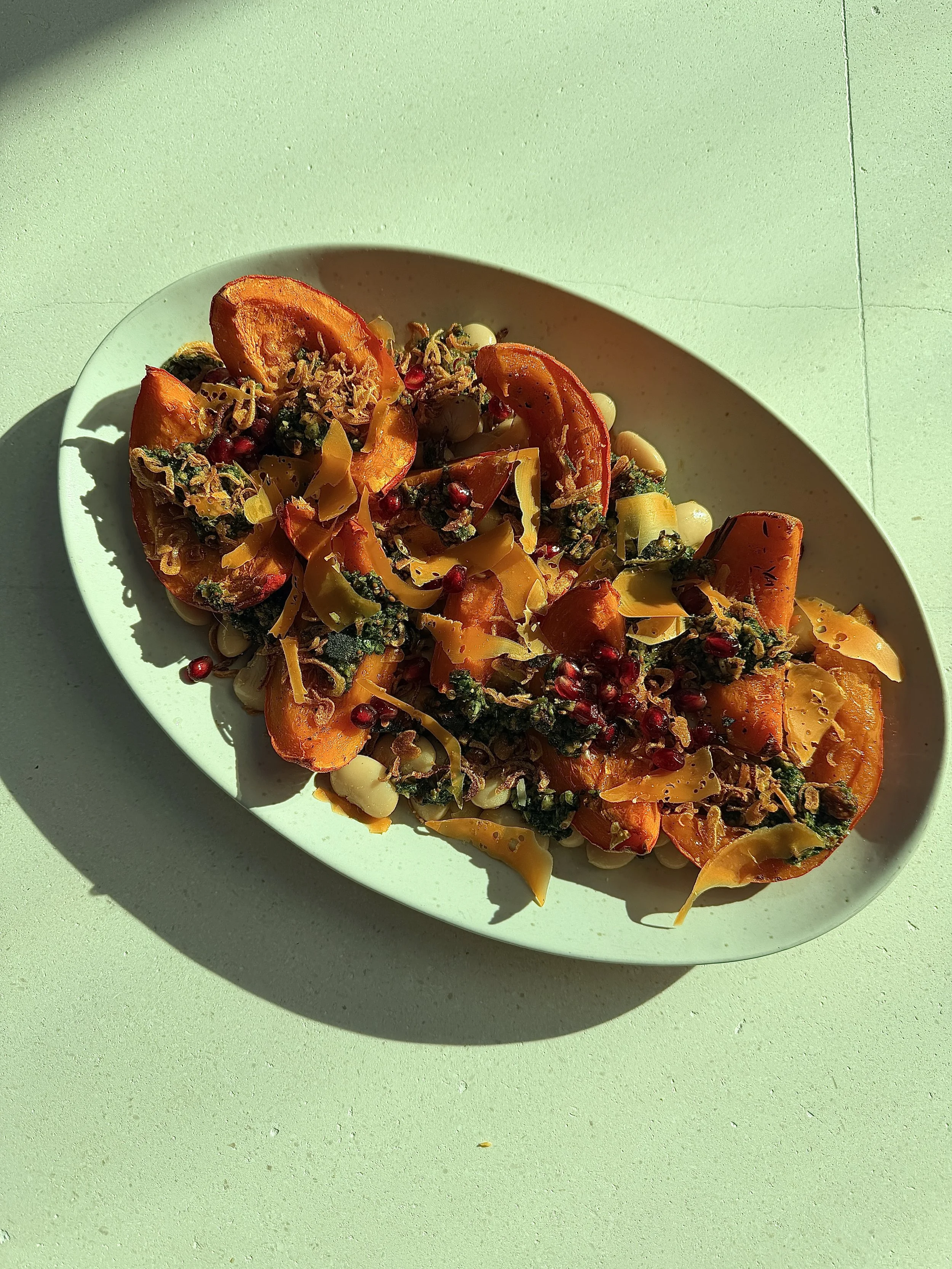 Roasted Kuri Squash with Gigante beans, Hazelnut gremolata &amp; mimolette