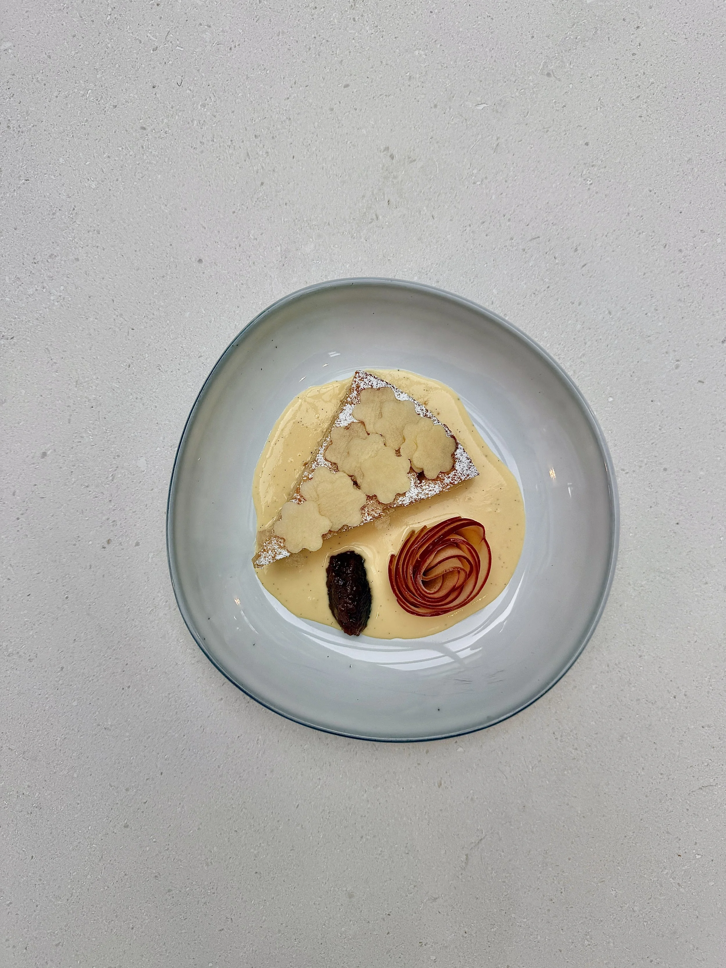 French Apple Cake with Maple Crème Anglaise, Apple-Butter and Apple rose