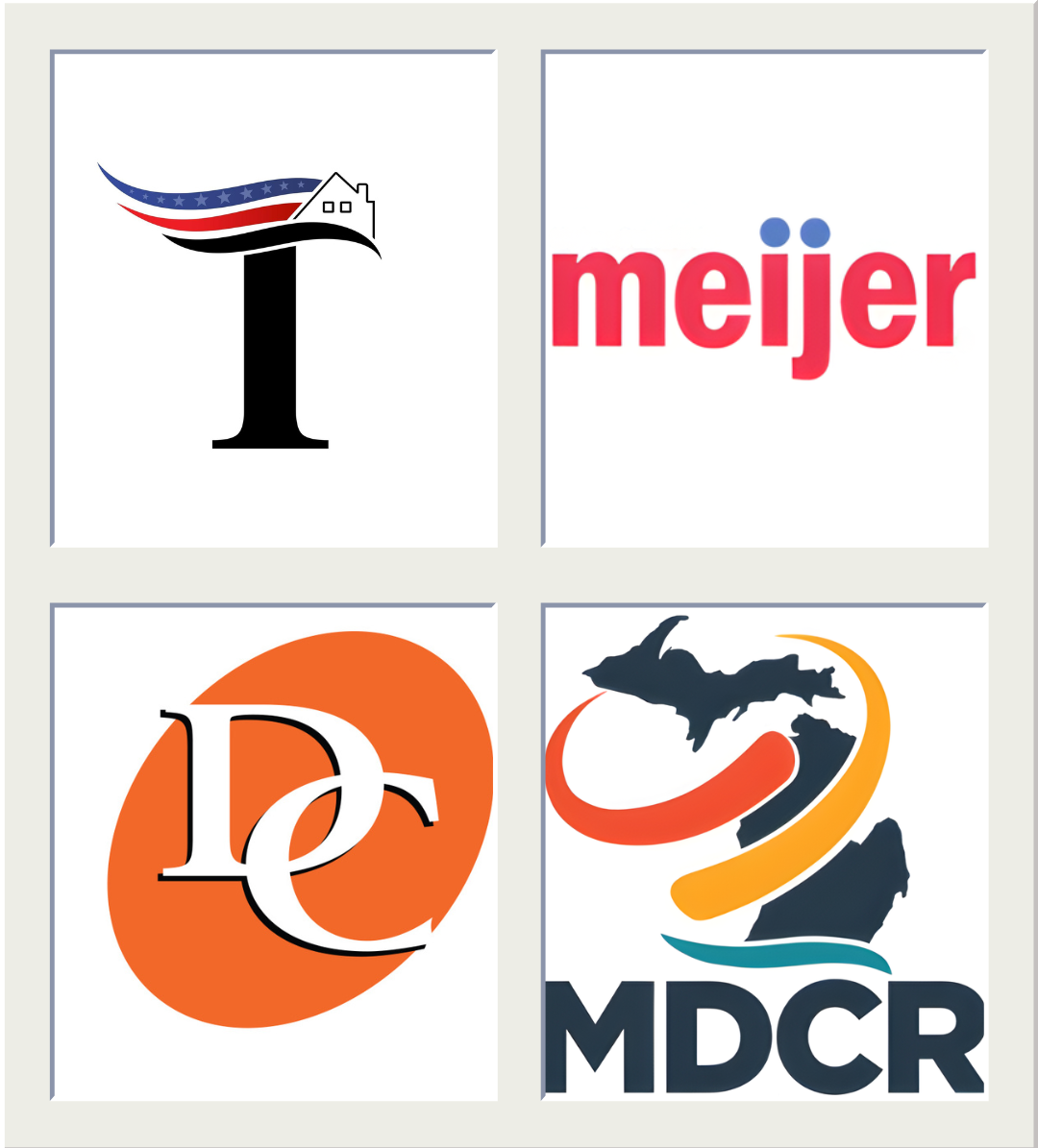 Four logos arranged in a 2x2 grid. Top-left logo features a black letter I with a house and flag design on top. Top-right is the Meijer grocery store logo in red text. Bottom-left logo with orange and white letters D and e. Bottom-right logo with a stylized map of Michigan and the letters MDCR.