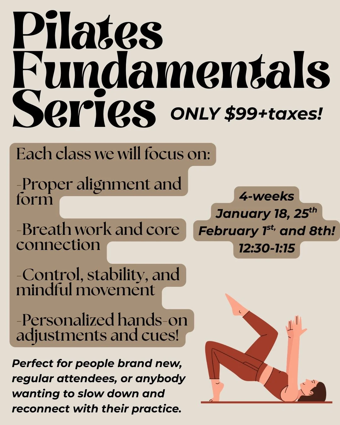 We are running a PILATES SERIES!💯

We all know that our Pilates has been getting very popular and we love to see it! Let's take a moment to slow down, and learn the fundamentals to make your practice even better!

Join Kennedy Sundays 12:30-1:15PM S