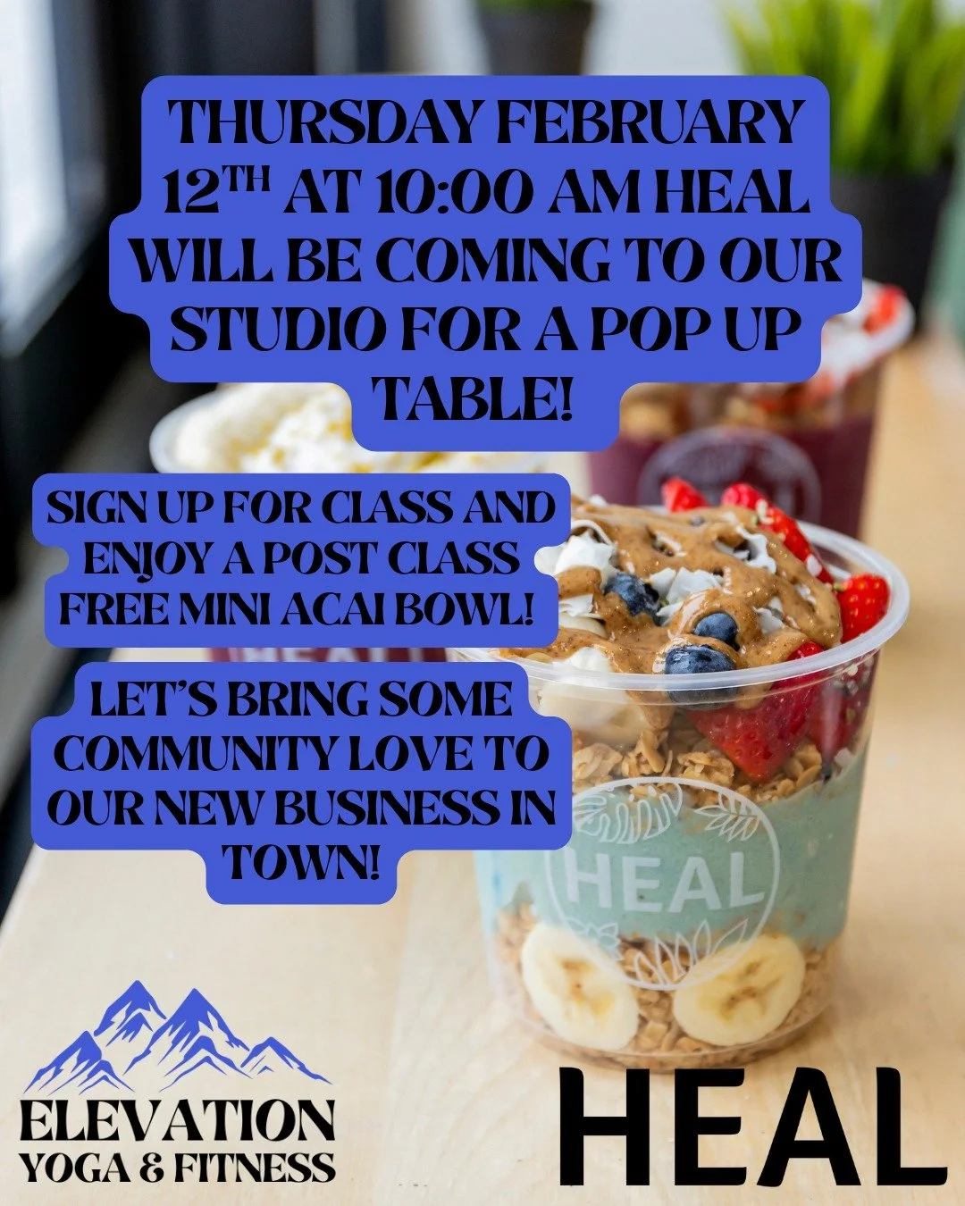 One of our beautiful members is opening up Heal in Grande Prairie! 

So exciting- If you haven't already give them a follow @heal.wellness !

As for OUR members- join a class Thursday morning and enjoy a FREE mini acai bowl afterwards. Reward yoursel