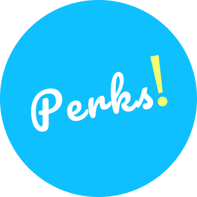 Blue circle that says "Perks!"