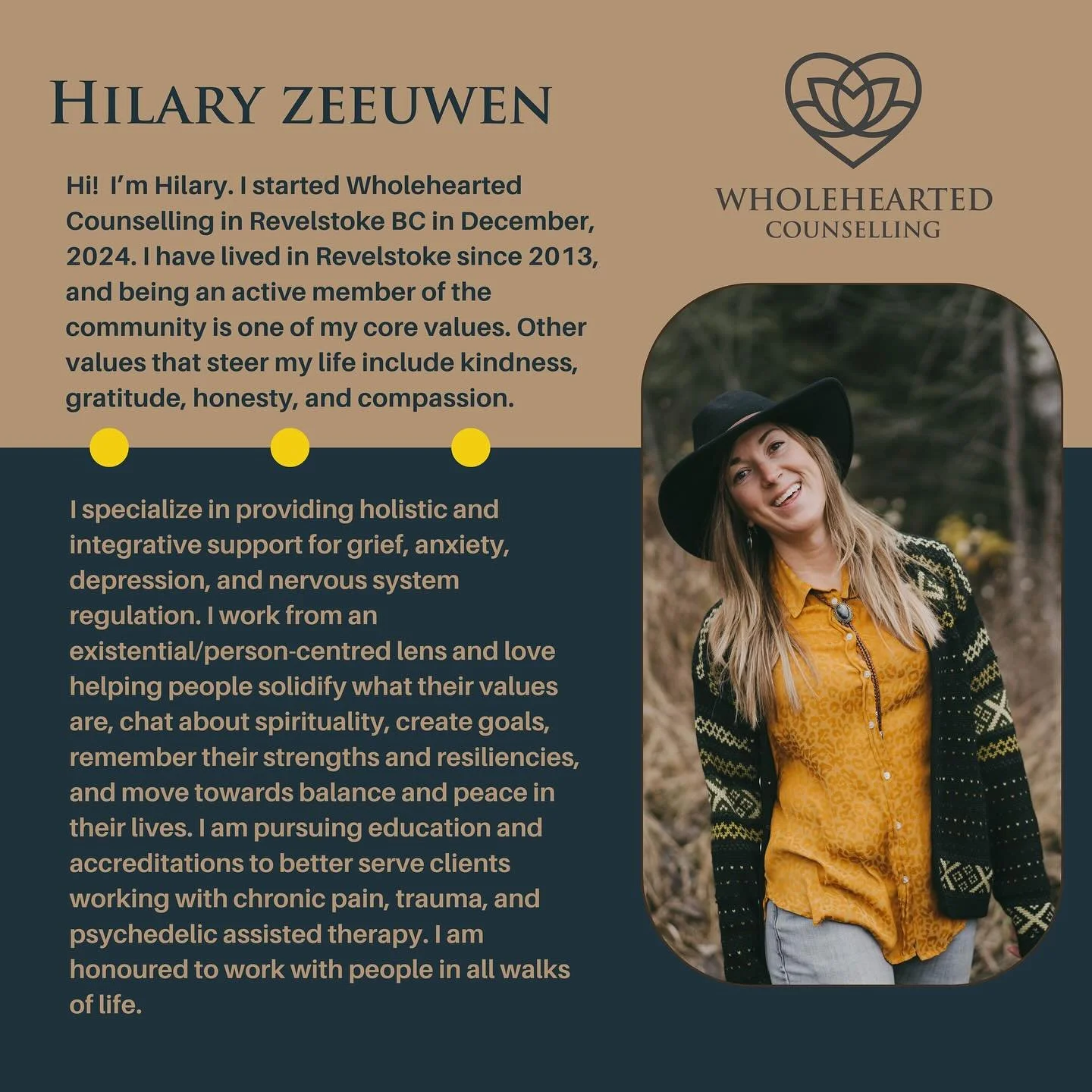 Hi! I’m Hilary. I started Wholehearted Counselling in Revelstoke BC in 2024. I have lived in Revelstoke since 2013, and being an active member of the community is one of my core values. Other values that steer my life include kindness, gratitud