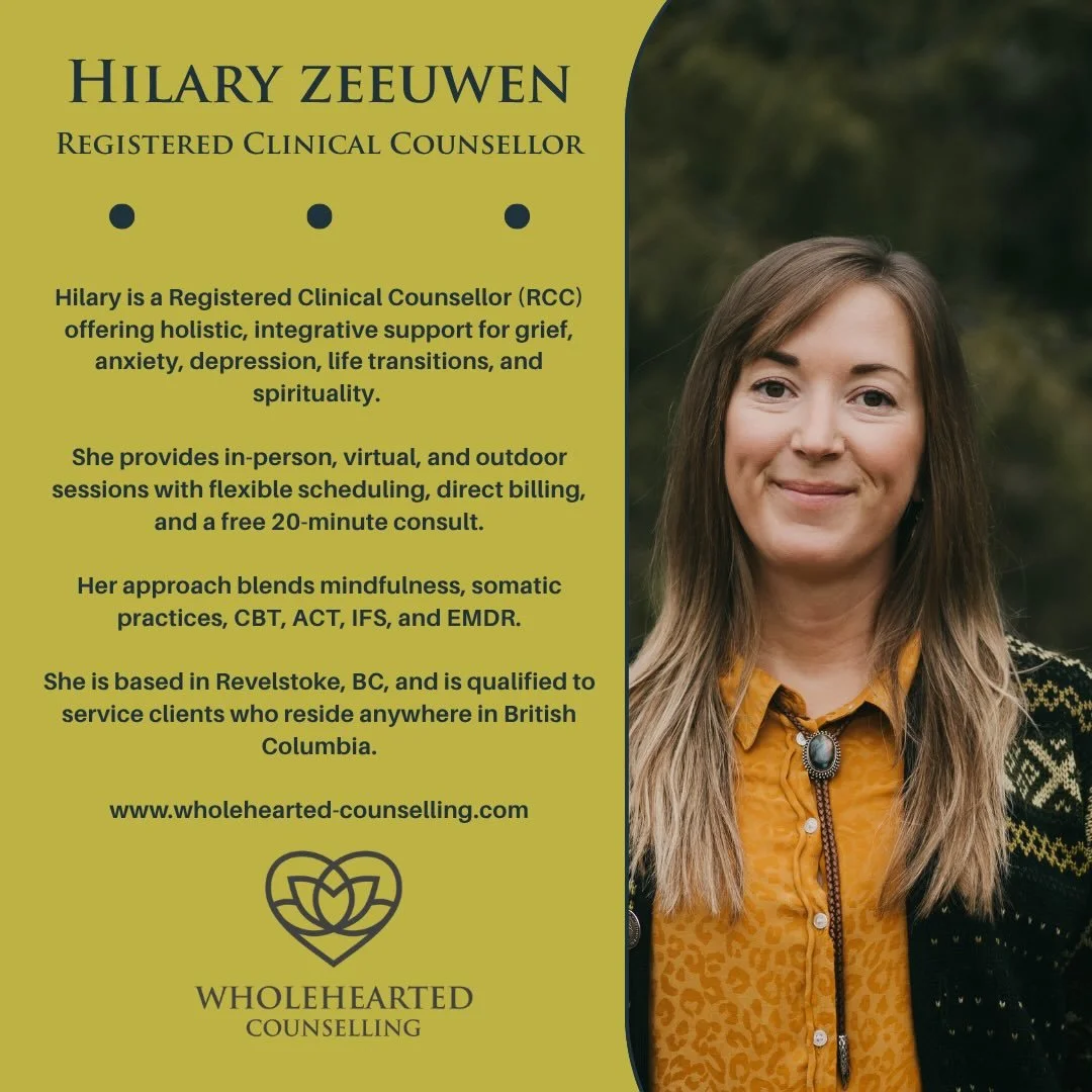 Hi! 👋 I&rsquo;m Hilary, let me introduce myself :) 

I am a Registered Clinical Counsellor (RCC) offering holistic, integrative support for grief, anxiety, depression, life transitions, and spirituality. I started my private practice, @wholeheartedc