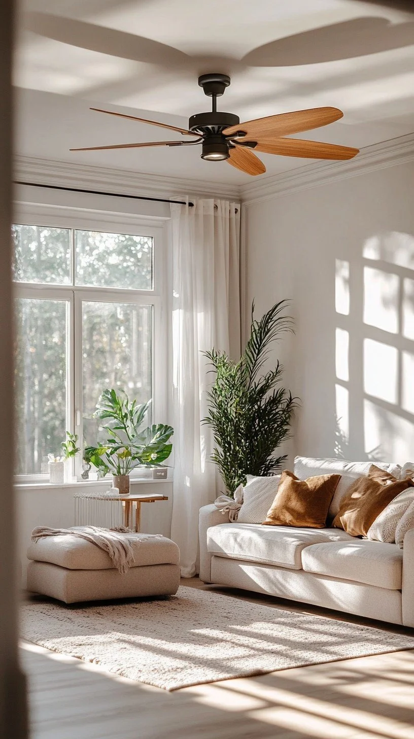Bright living room with white walls, large window with white curtains, white sofa with brown pillows, potted plants near the window, beige ottoman with a throw blanket, ceiling fan with wooden blades, sunlight casting shadows on the wall and floor.
