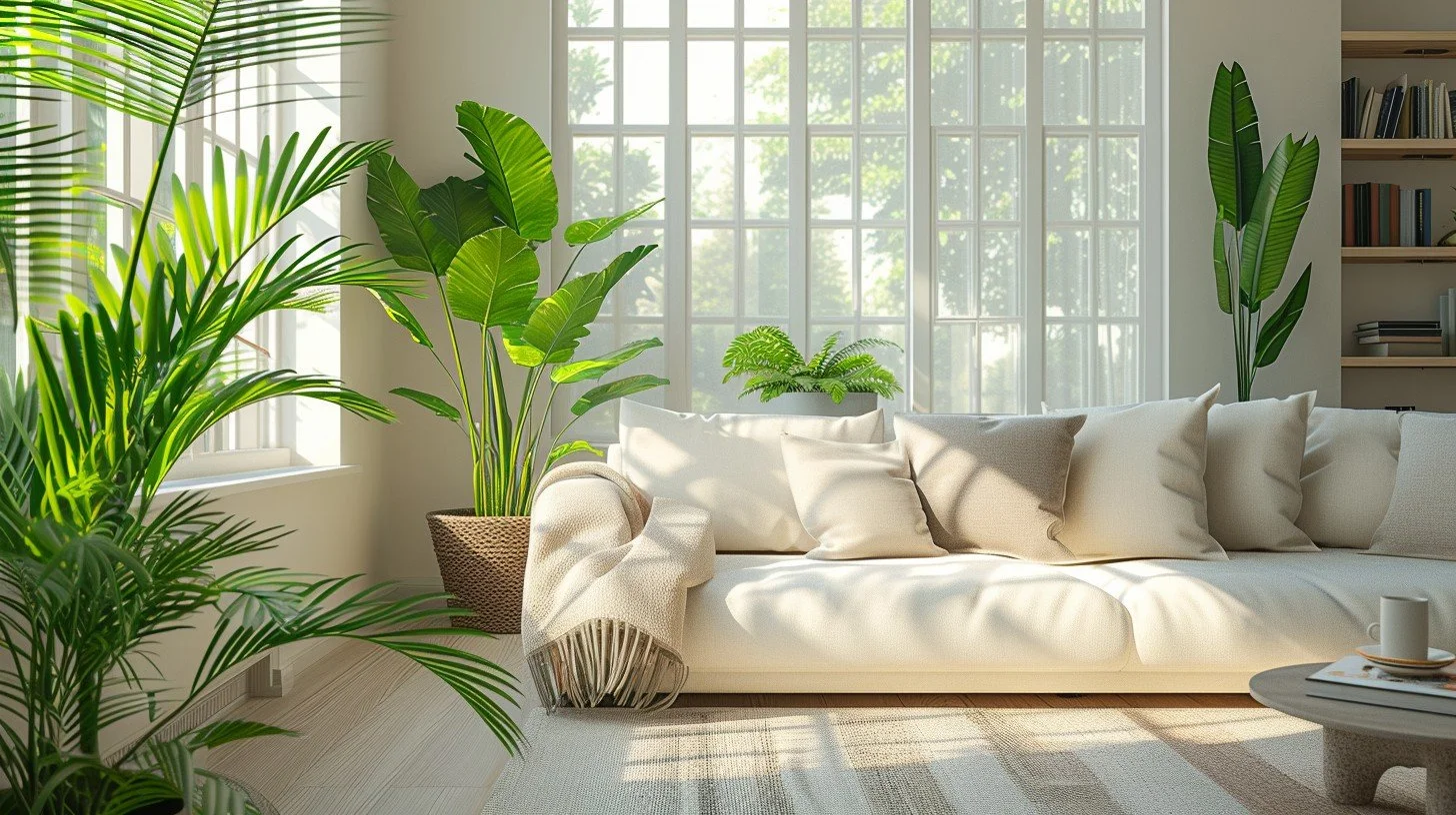 Bright living room with large windows, cream-colored couch with pillows, and tall green houseplants.