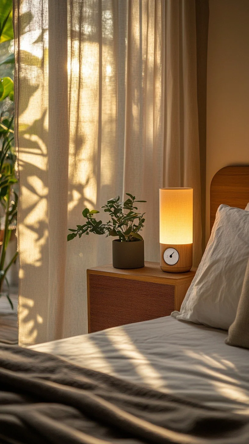 Sunlight filters through beige curtains illuminating a bedroom with a wooden bedside table, a potted plant, and a modern lamp.