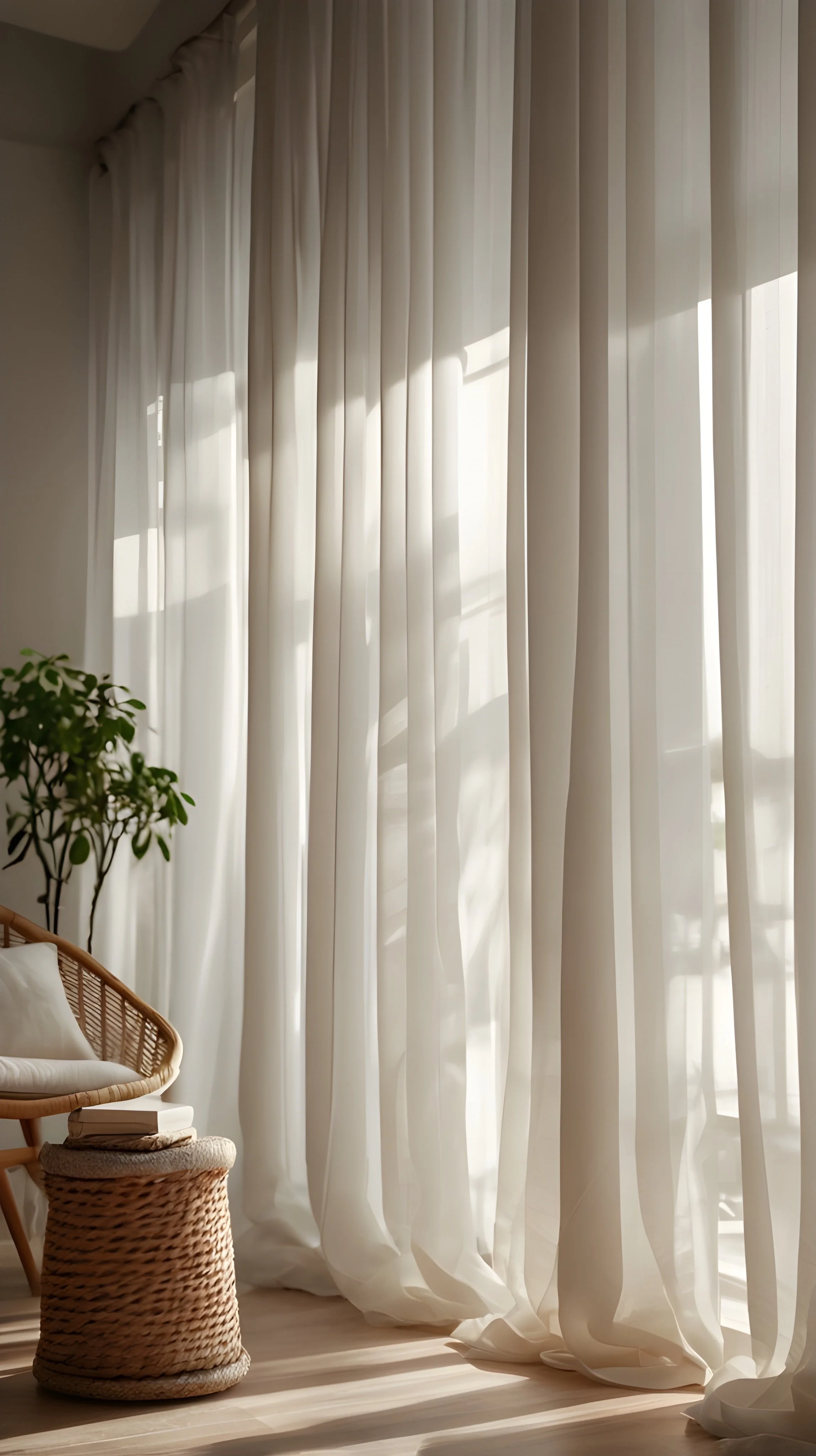 Minimalist white sheer curtains creating a soft, airy interior feel