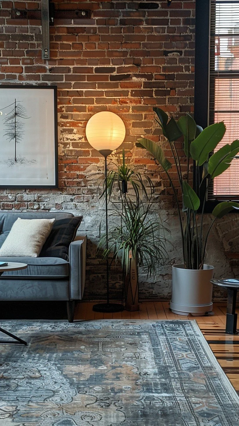 Interior living room with a gray sofa, a framed black-and-white tree art, a warm floor lamp, two large potted plants, brick wall background, hardwood floor, and a patterned area rug.