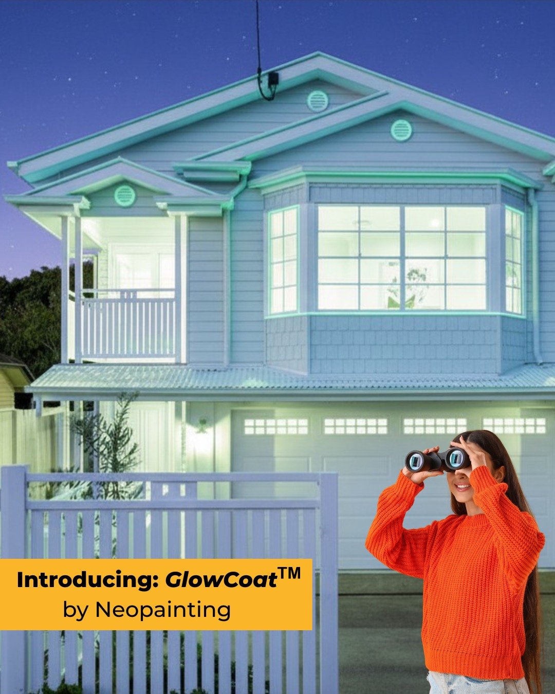 Neopainting is excited to officially launch our newest premium exterior paint!!
🌙 GlowCoat&trade; &ndash; Glow-in-the-Dark Paint 

Tired of struggling to find your house at night after a long day at work?
Problem solved!

With GlowCoat&trade;, your 