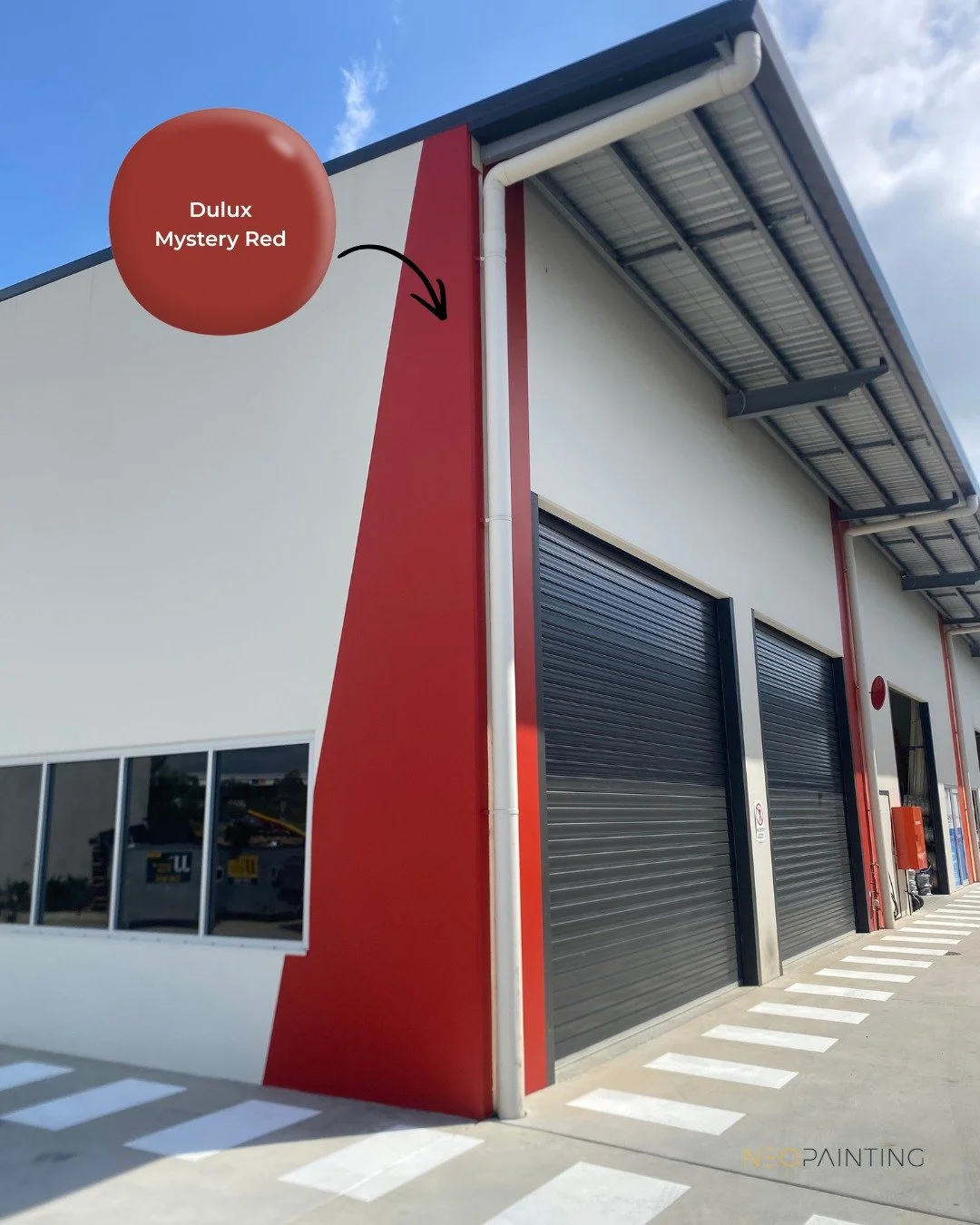 Our client reached out to us to add some feature lines on an existing commercial building in Narangba. By introducing Dulux Mystery Red and Dulux Sir Edmund, we added a bold pop of colour that instantly lifts the fa&ccedil;ade and gives the building 
