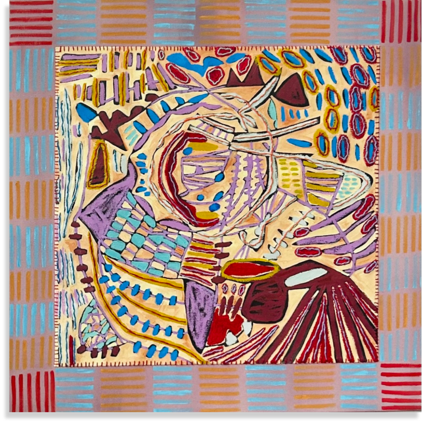Root Memory: What Grows Between Us acrylic, oil pastel, oil stick, embroidery thread on canvas 30 x 30in