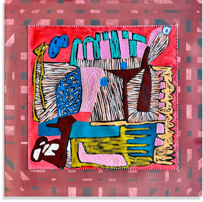 Body into Land: Geography of a Soft Transition acrylic, oil pastel, oil stick, embroidery thread on canvas 30 x 30in