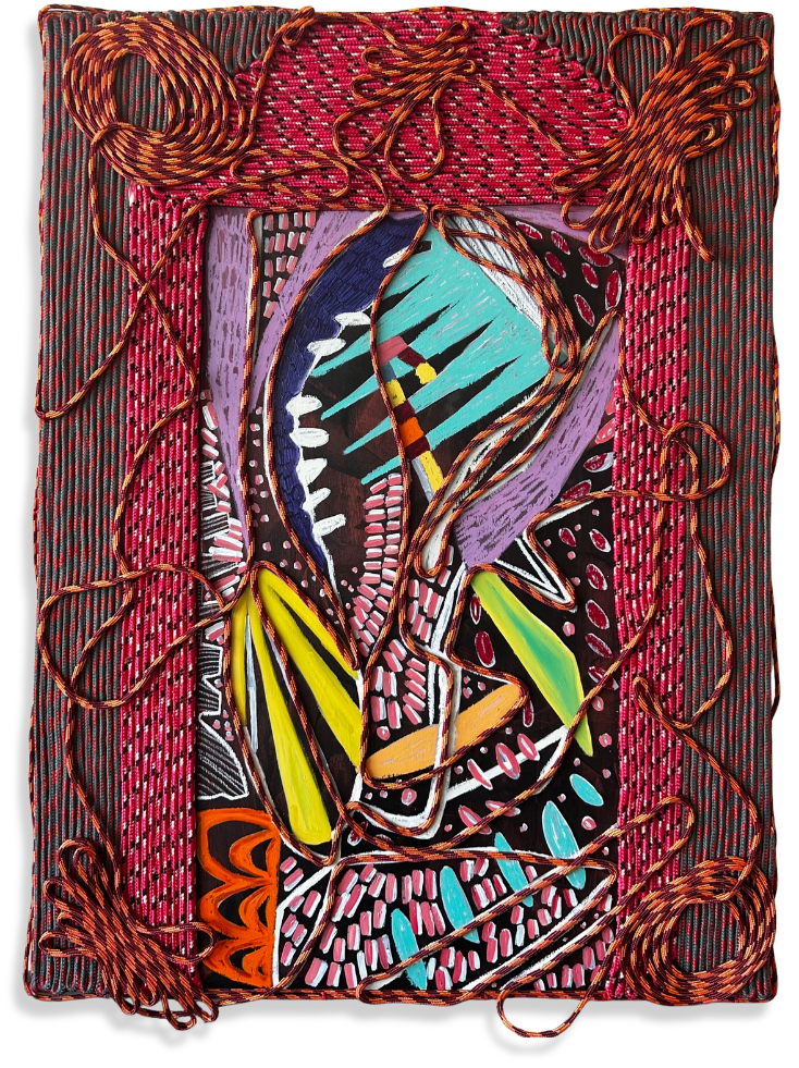 When I Close My Eyes I See Through the Veil acrylic, oil pastel, oil stick, poly rope on wood panel  36 x 58in
