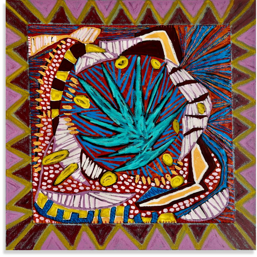 Seeding Loam acrylic, oil pastel, oil stick, embroidery thread on canvas 30 x 30in
