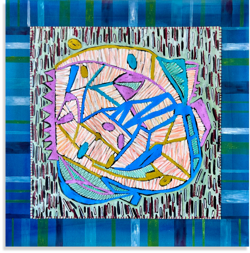 Grounded Constellation acrylic, oil pastel, oil stick embroidery thread on canvas 30 x 30in