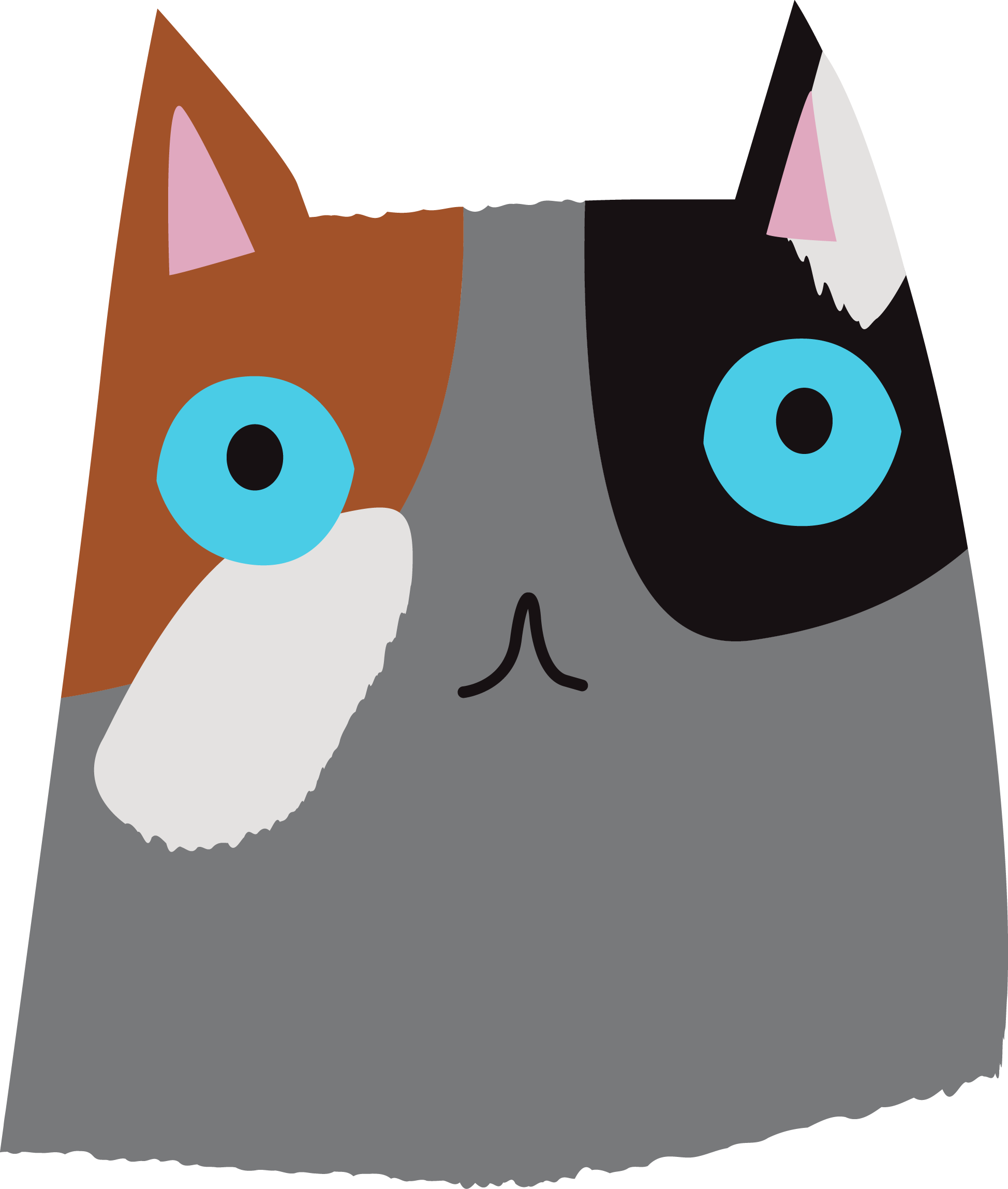 Cartoon illustration of a cat with blue eyes, one side brown and white, the other side black and white.