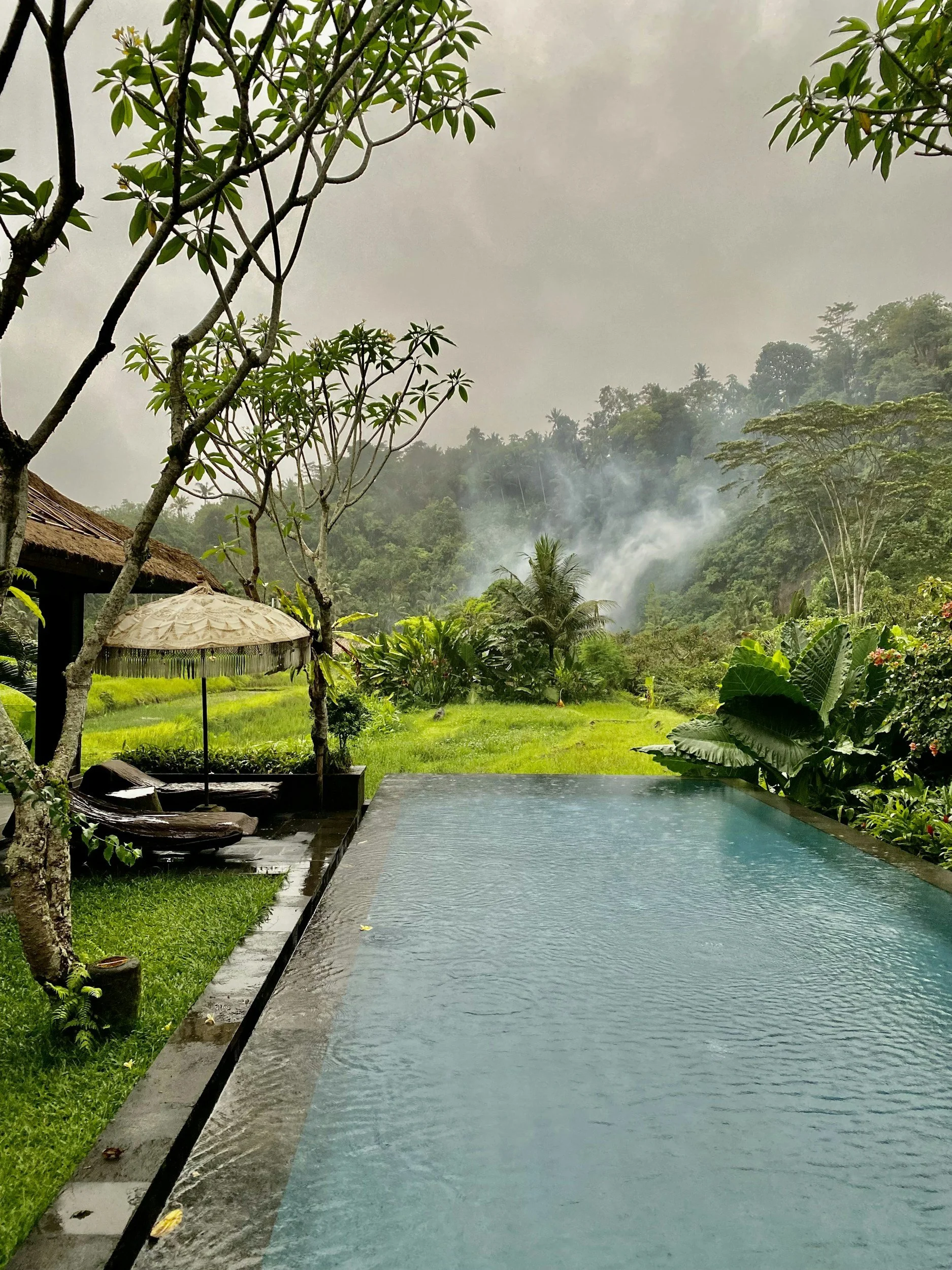 A swimming pool in a lush tropical garden with green trees and plants, a thatched-roof hut, a lounge chair with a parasol, and a distant mountain with mist or smoke in the background.