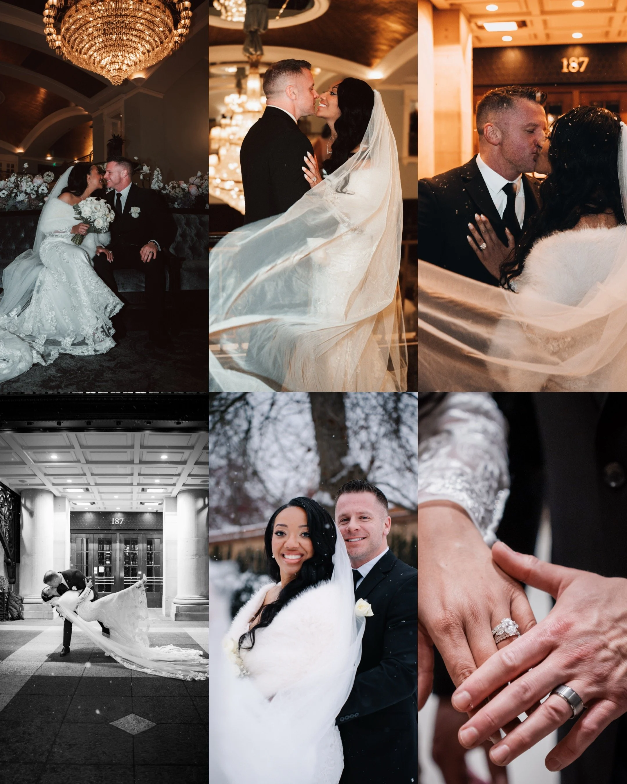 Collection of wedding photos: a bride and groom sharing a kiss indoors with a chandelier in the background, the couple dancing closely indoors, couple sharing a kiss with a veil, bride and groom outside in winter, couple smiling facing camera with sn