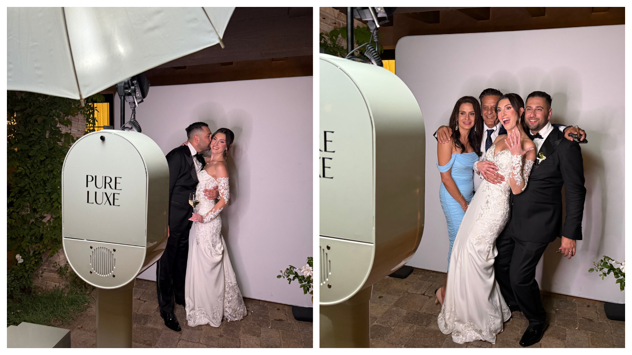 Wedding couple enjoying a Pure Luxe photo booth experience, highlighting the focus on connection over equipment.