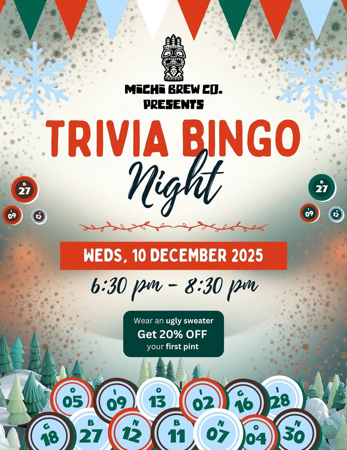 Trivia Bingo &mdash; December 10th @ Michi Brew Co.
Ugly sweaters, craft beer, and a twist on trivia night.

We&rsquo;re mashing up bingo + trivia for a festive hybrid game where your answers fill the board.
Holiday-themed questions, prizes, and plen