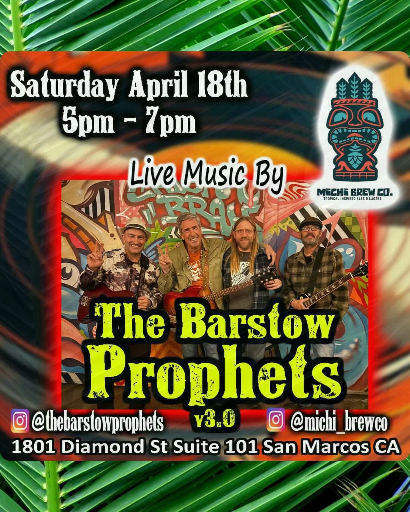 Live music hits the island.

Join us Saturday, April 18th from 5&ndash;7pm as @thebarstowprophets take over the taproom.

Cold pours, good people, and a full tropical vibe all evening.

📍 Michi Brew Co.
1801 Diamond St Suite 101
San Marcos, CA

No t