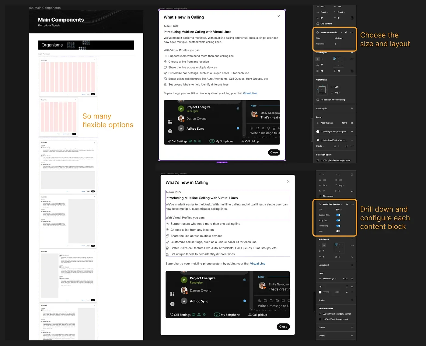 Screenshot of a Figma file showing many flexible options for a modal component