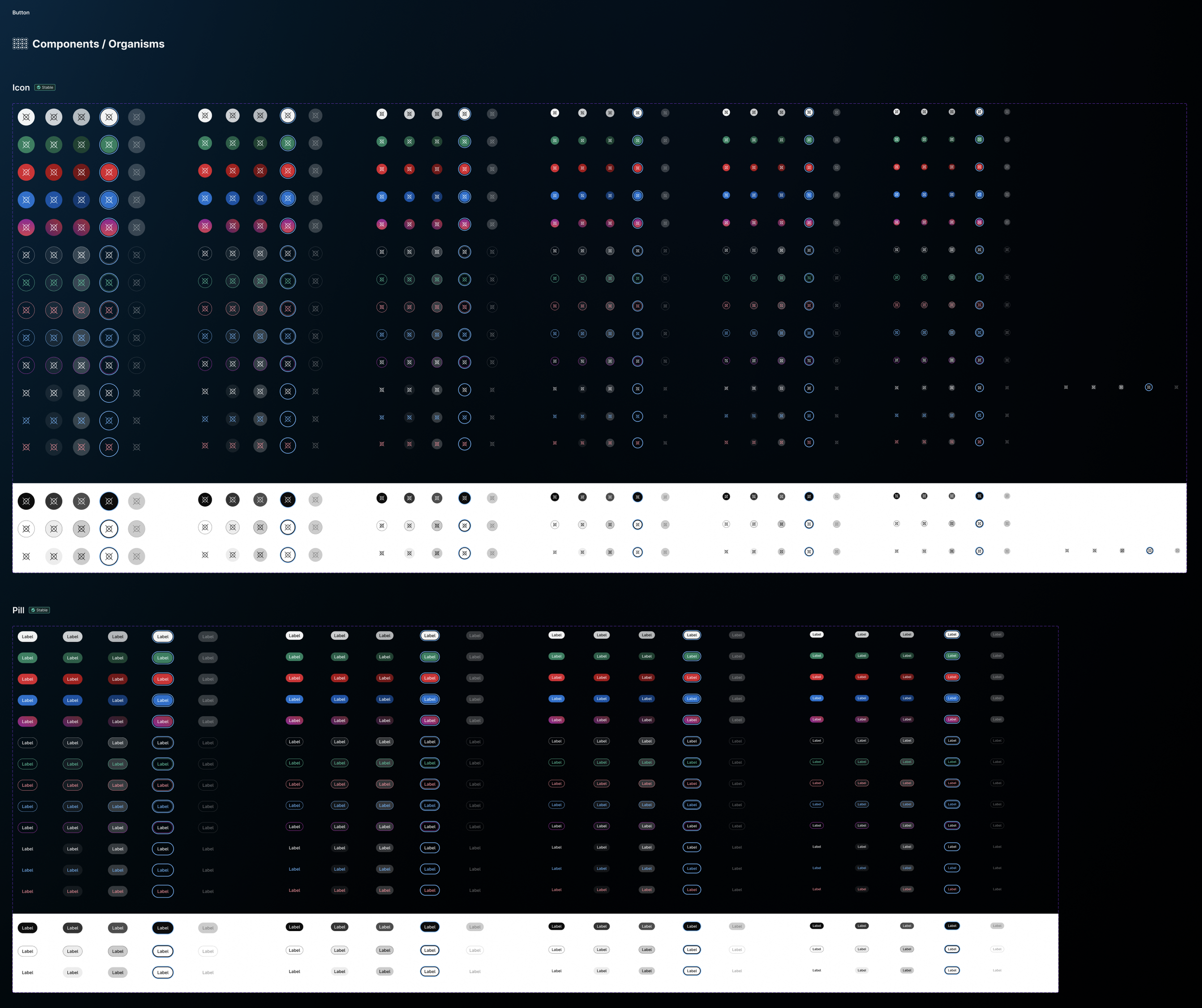 Screenshot array of dozens of button styles from a Figma Design System library