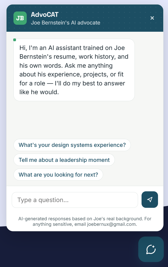 Screenshot of a web-based popup chat window for AdvoCAT, Joe Bernstein's AI advocate, ready to answer questions about resume, skills, and work history