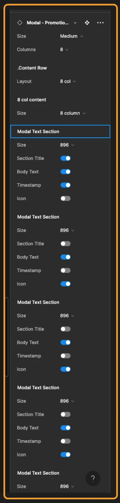 Screenshot showing a very long list of component properties with toggle switches for each one