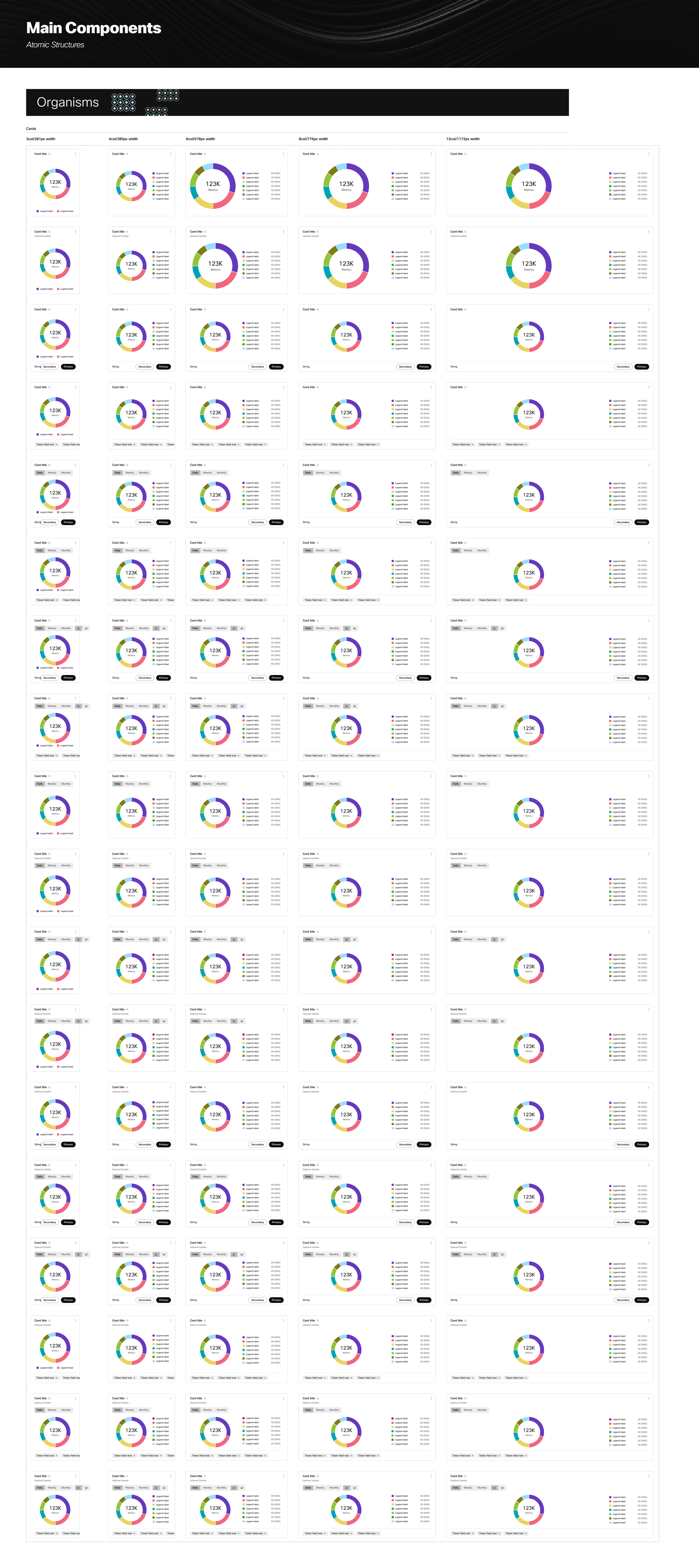 An array of 30+ copies of multi-colored donut charts, all in different sizes and layout combinations