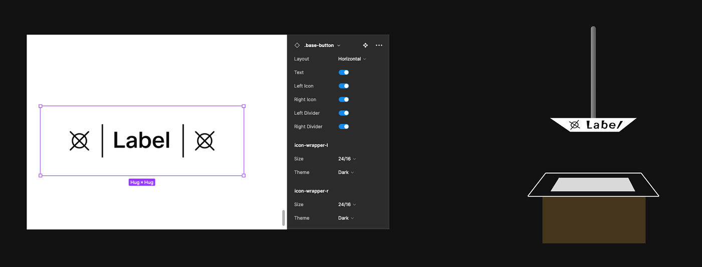 Image of an unfinished button component in Figma next to an image of a printing press stamping a blank plate