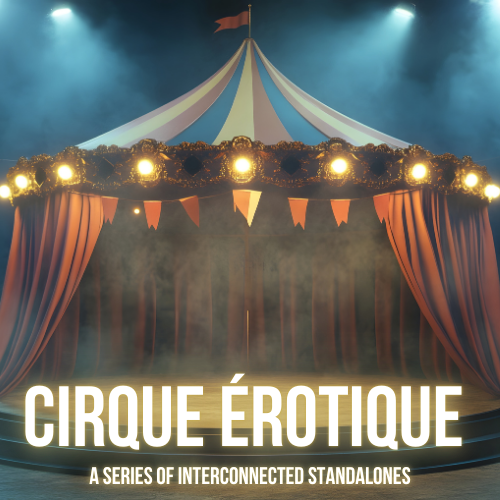 Circus tent with blue and yellow stripes, stage with curtains, and stage lights, promoting Cirque Érotique.