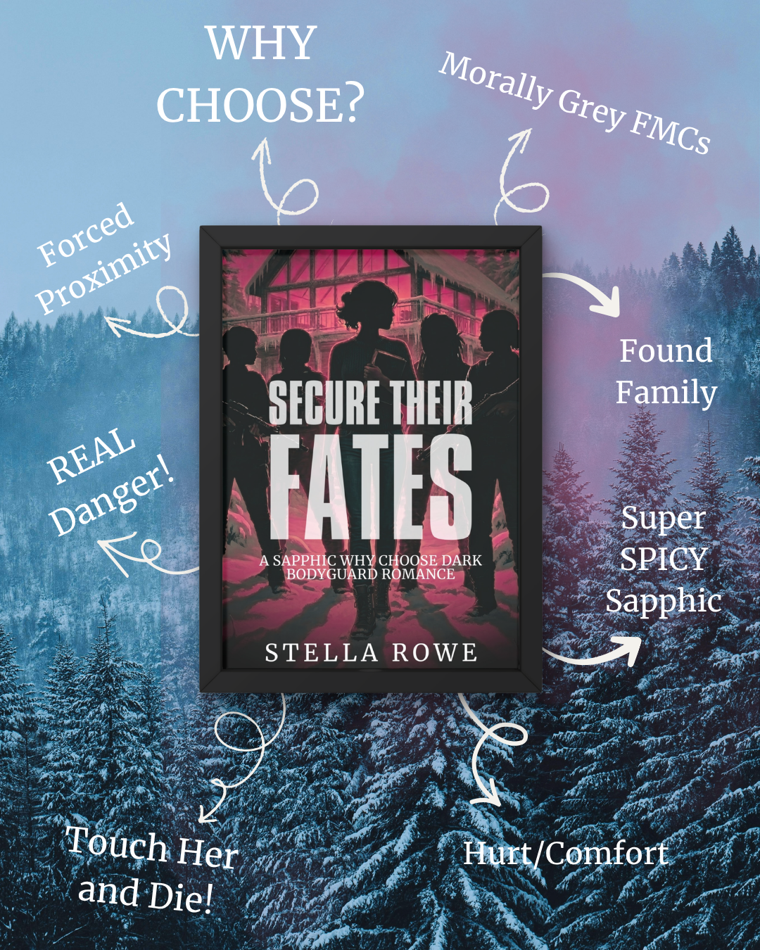Book cover titled "Secure Their Fates" by Stella Rowe, featuring a silhouette of five people against a pink background, with various descriptive annotations around the cover, including "Why Choose?", "Morally Grey FMCs", "Found Family", "Super Spicy", "Sapphic", "Hurt/Comfort", "Touch Her and Die!", "Real Danger!", and "Forced Proximity" over a snowy forest background.