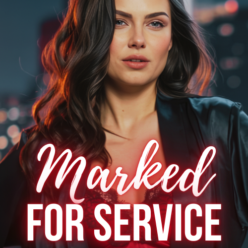 A woman with long, dark wavy hair wearing a black leather jacket, with a downtown city background and the text 'Marked for Service' in white and red cursive and block font.