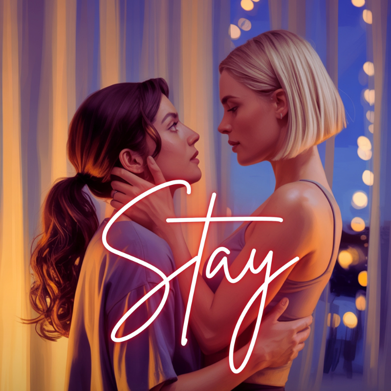 Two women standing close, touching faces, with the word "Stay" written across the image in bright script.