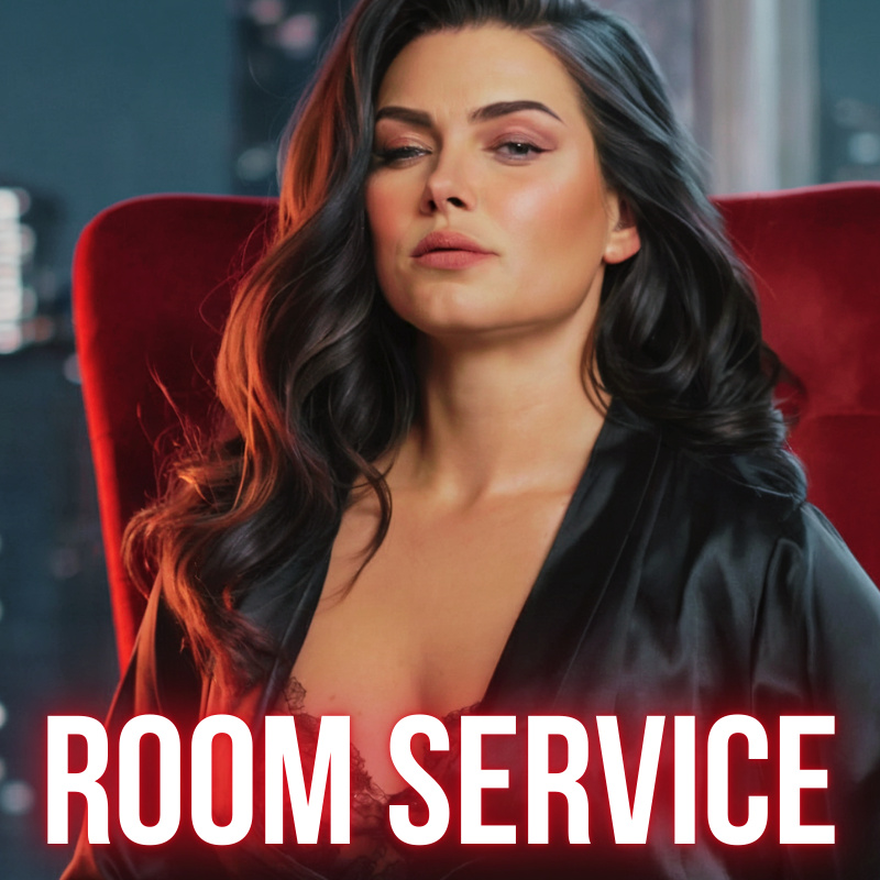 A woman with dark wavy hair, wearing a black satin robe, sitting confidently on a red chair in a dimly lit room, with the text "Room Service" in bold white letters at the bottom.