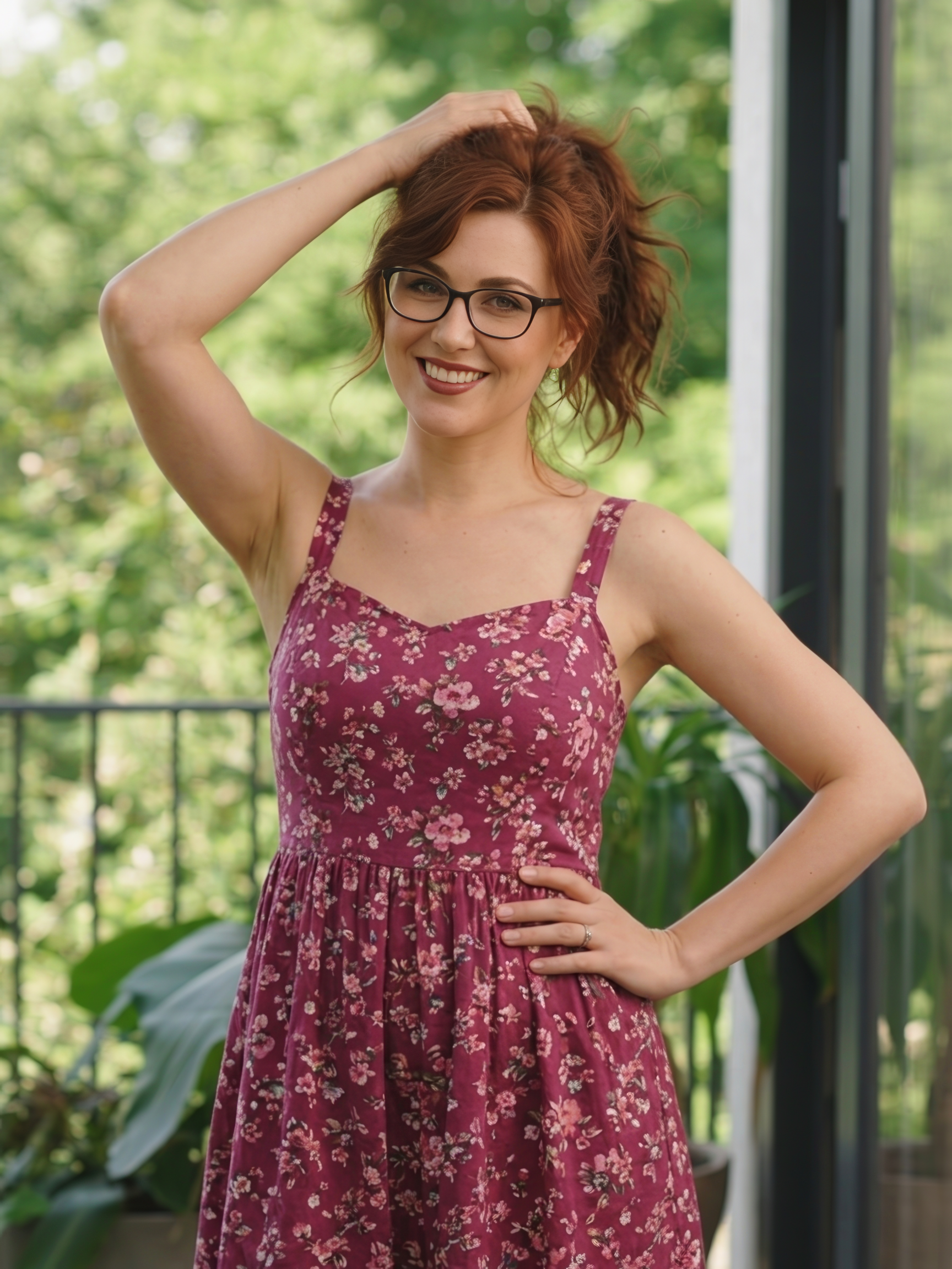 A woman with short curly red hair and glasses smiling, wearing a burgundy floral dress, standing outdoors with green foliage in the background.