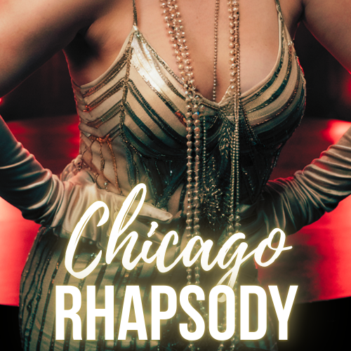 Close-up of a woman in a glamorous gold and silver dress with multiple pearl necklaces, with the text 'Chicago Rhapsody' overlaid.