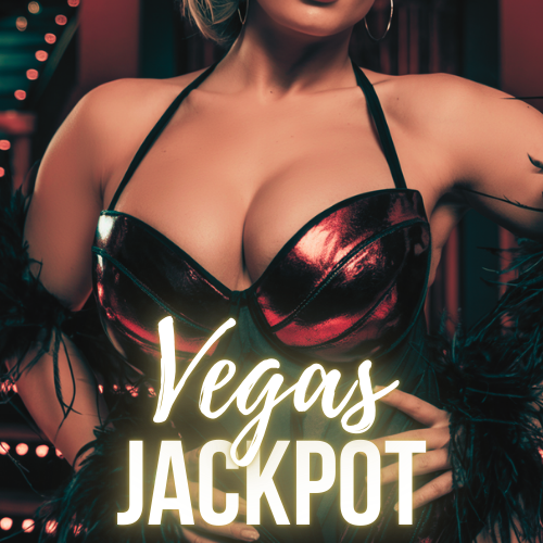 Close-up of a woman in a shiny, metallic black and red dress with the text 'Vegas Jackpot' overlaid.