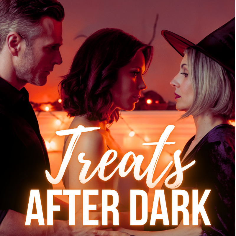 Three people at a Halloween party, two women and a man, standing close together and facing each other. One woman is wearing a witch hat, the scene is lit with orange and red lighting, creating a festive and slightly spooky atmosphere.