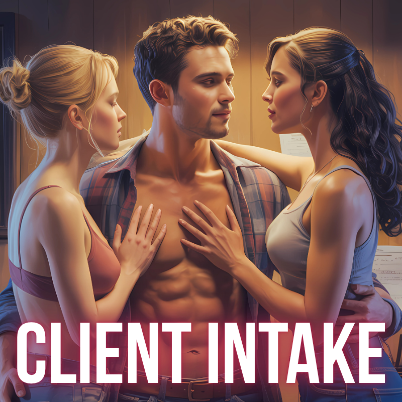 A shirtless man in a plaid shirt is surrounded by two women, one with blonde hair and the other with dark hair, who are touching his chest and shoulders. All three are facing each other closely in an intimate setting with warm lighting. The text "CLIENT INTAKE" is overlaid at the bottom.