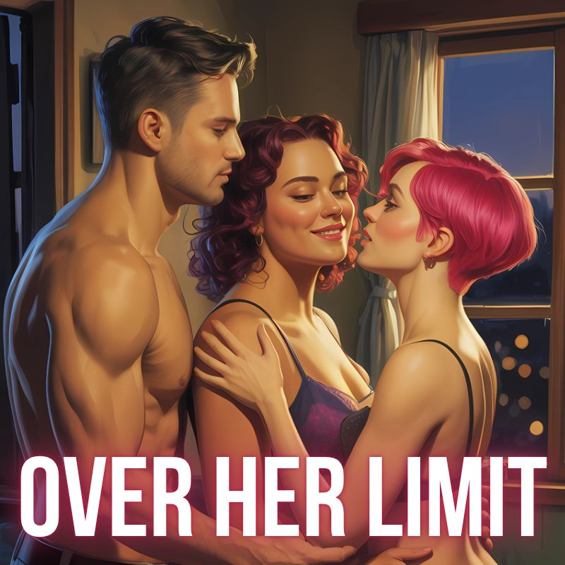Two women and a man stand close together in a cozy room at night, with a window showing a dark sky and city lights outside. The women are facing each other, one with pink hair and the other with reddish-brown curls, both wearing black lingerie. The man, shirtless with short dark hair, stands behind them, gently holding the woman with reddish-brown hair. The scene appears intimate and tender.
