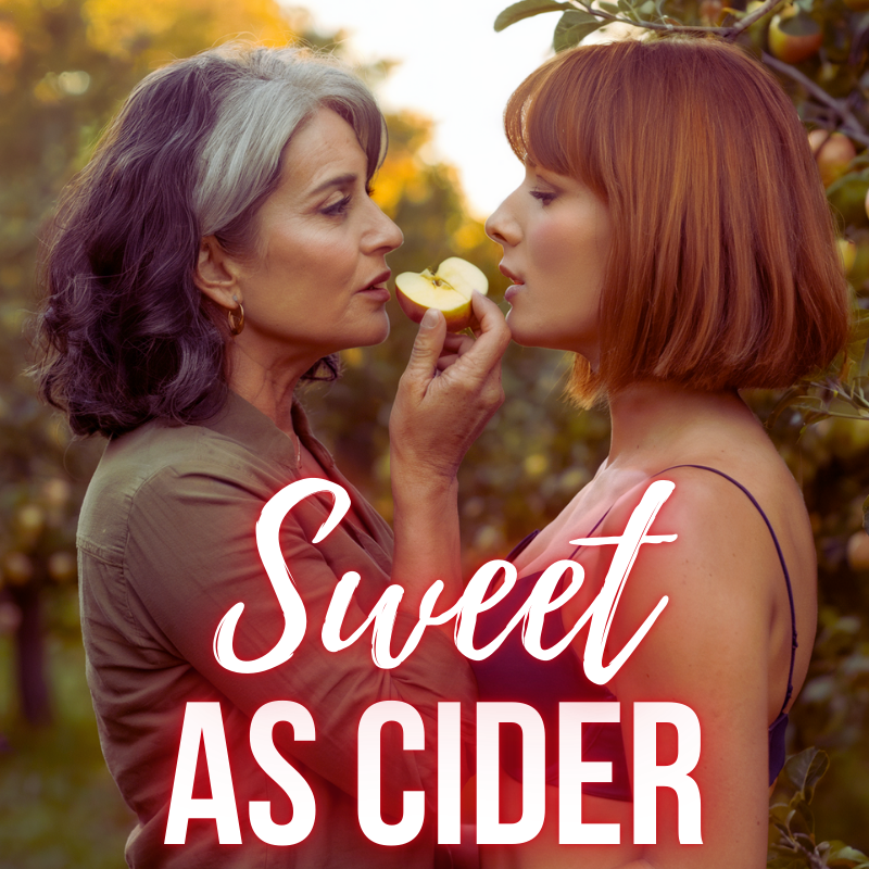 An older woman with gray and purple hair offers a slice of apple to a young woman with red hair, both standing outdoors among apple trees.