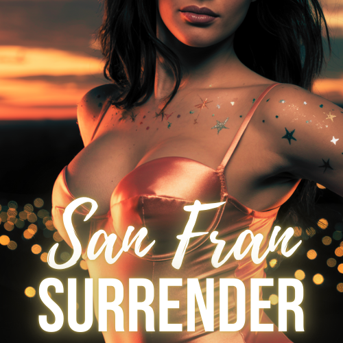 A woman wearing a shiny peach satin dress with star-shaped tattoos or stickers on her shoulder, with a sunset background and blurred city lights at night. The text reads "San Fran Surrender."