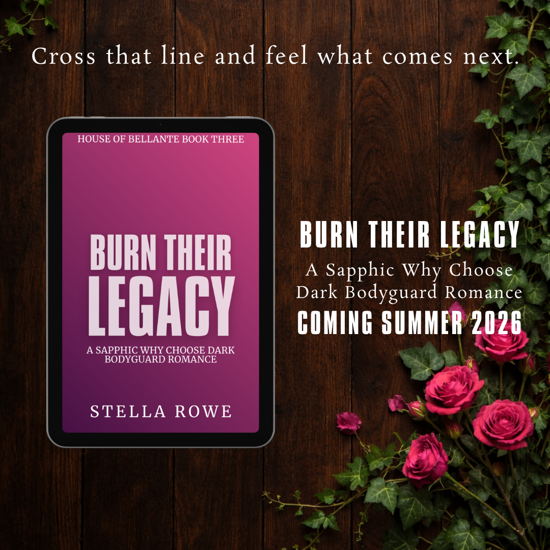 Announcement for the book 'Burn Their Legacy' by Stella Rowe, featuring an image of a tablet displaying the book cover, with a wooden background and pink roses on the right side, and text indicating the release date in summer 2026.