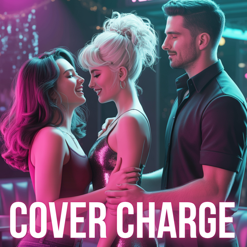 Two women and one man in a nightclub, close together, smiling and touching. The women are in dark outfits, one with purple hair and the other with platinum blonde hair. The man is in a dark shirt. Neon lighting creates a vibrant, colorful atmosphere.