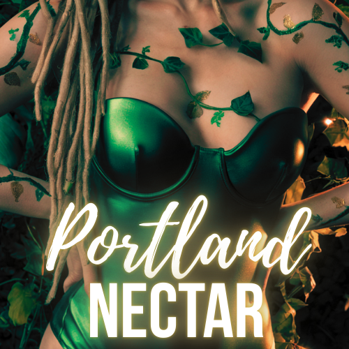 A person with dreadlocks and tattoos wearing a green metallic bra and vine-shaped accessories with the text 'Portland Nectar' overlayed.