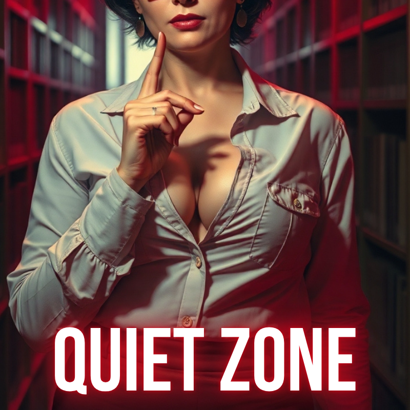 Close-up of a woman with short dark hair wearing a light-colored button-up shirt with the top buttons undone, in a dimly lit room with shelves filled with books, with the text "QUIET ZONE" in bold red letters at the bottom.